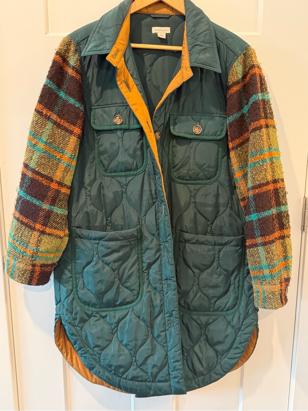 Sundance Teal Quilted Utility Jacket with Mustard Trim and Plaid Sleeves